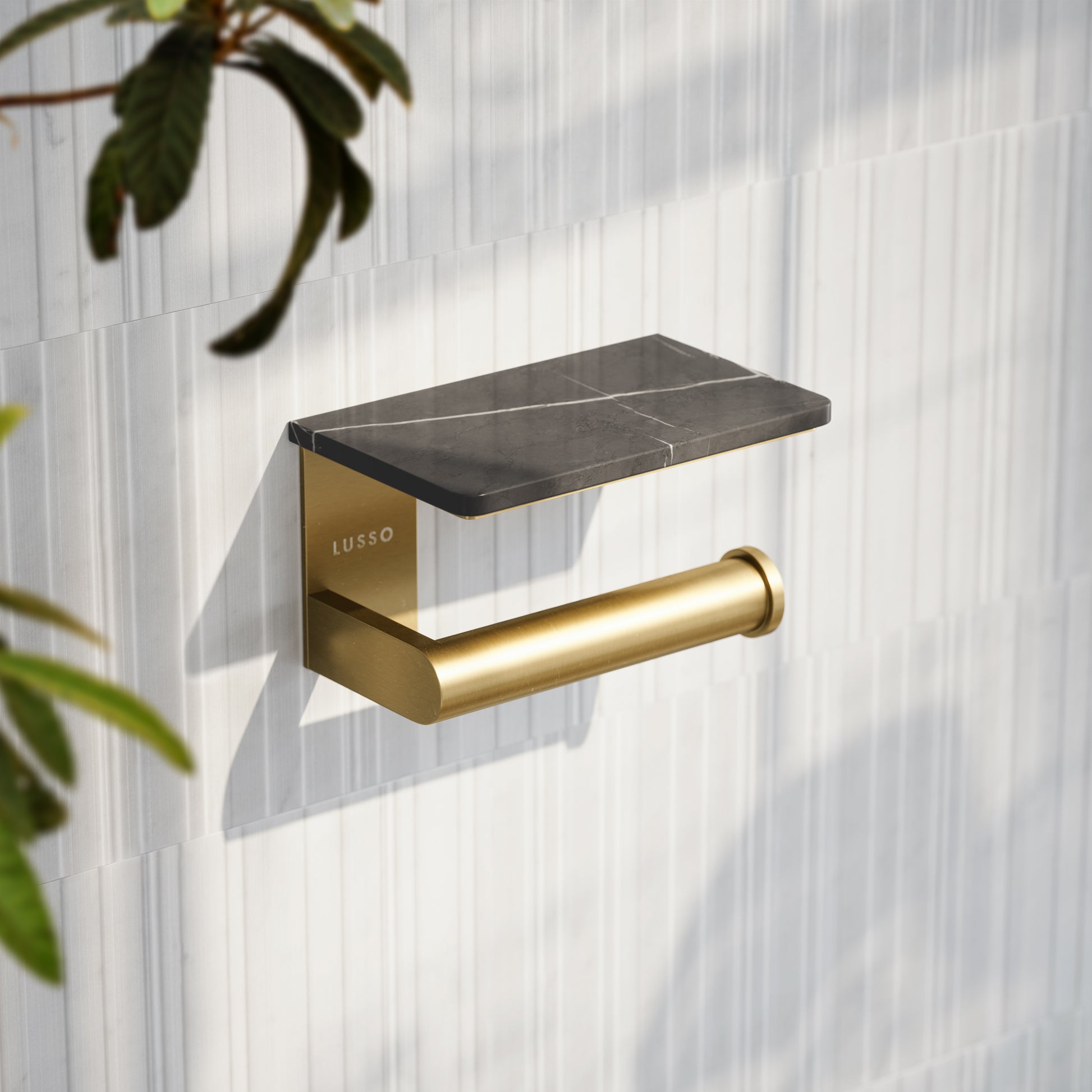Deka Brushed Gold Toilet Roll Holder with Pietra Grey Marble Shelf