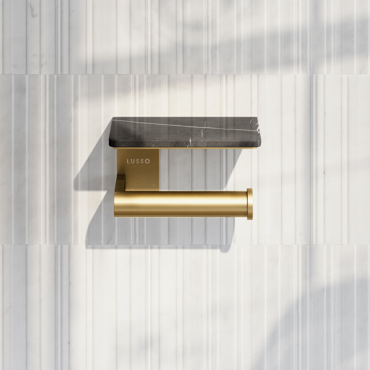 Deka Brushed Gold Toilet Roll Holder with Pietra Grey Marble Shelf