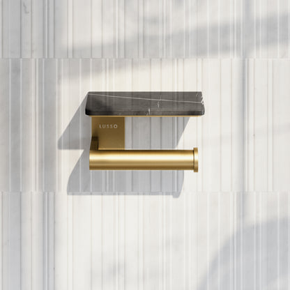 Deka Brushed Gold Toilet Roll Holder with Pietra Grey Marble Shelf