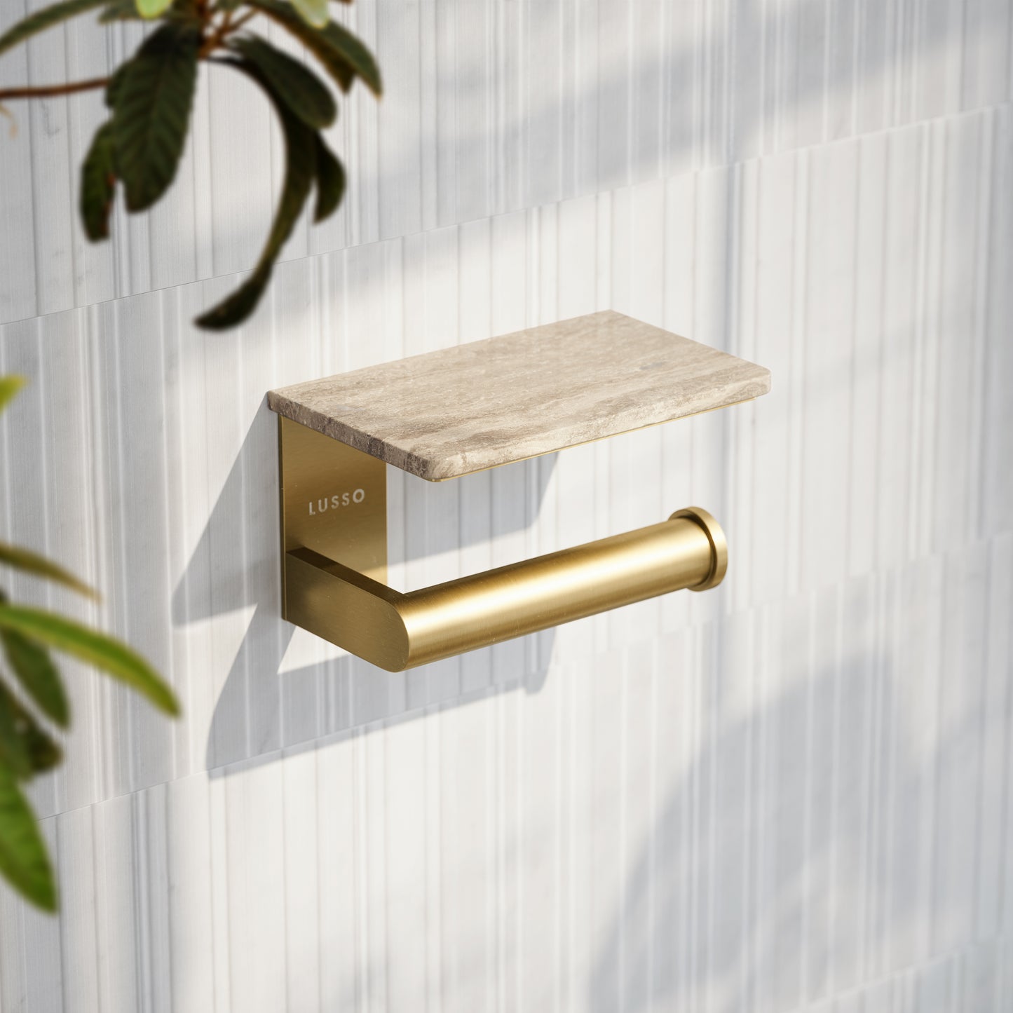 Deka Brushed Gold Toilet Roll Holder with Travertine Stone Shelf