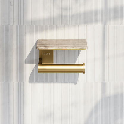 Deka Brushed Gold Toilet Roll Holder with Travertine Stone Shelf