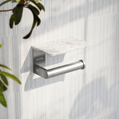 Deka Brushed Stainless Toilet Roll Holder with Carrara Marble Shelf