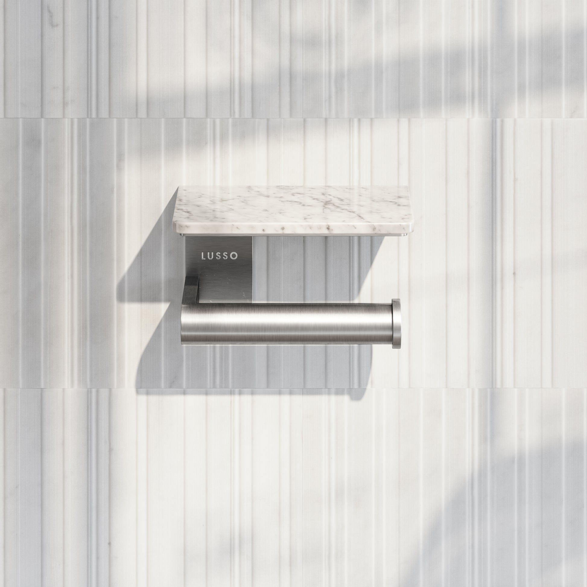 Deka Brushed Stainless Toilet Roll Holder with Carrara Marble Shelf