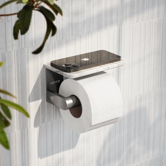 Deka Brushed Stainless Toilet Roll Holder with Carrara Marble Shelf
