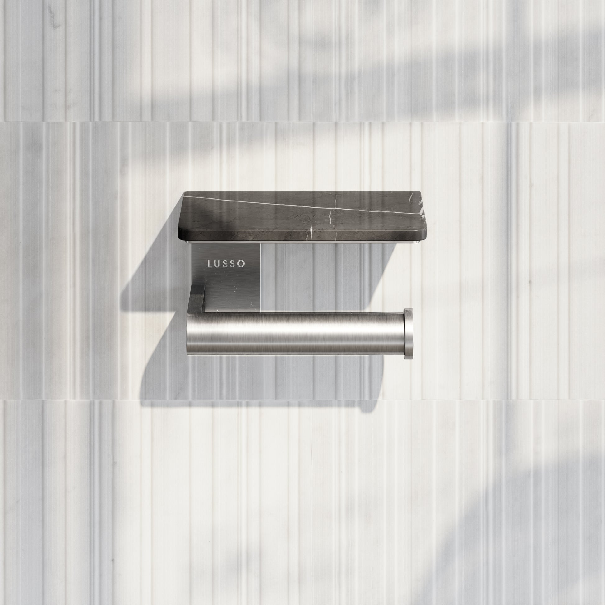 Deka Brushed Stainless Toilet Roll Holder with Pietra Grey Marble Shelf