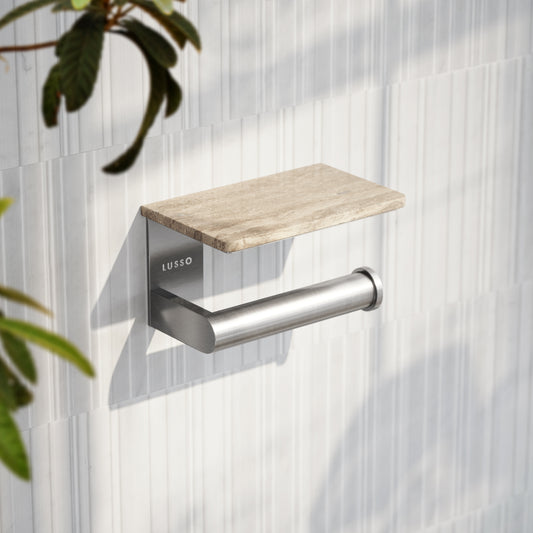 Deka Brushed Stainless Toilet Roll Holder with Travertine Stone Shelf