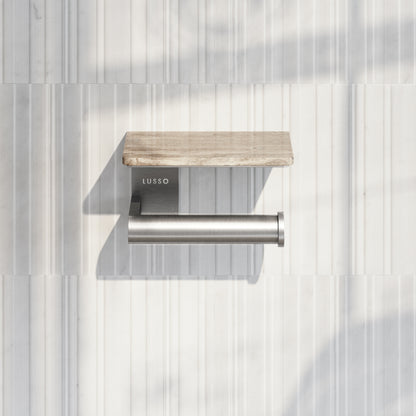 Deka Brushed Stainless Toilet Roll Holder with Travertine Stone Shelf