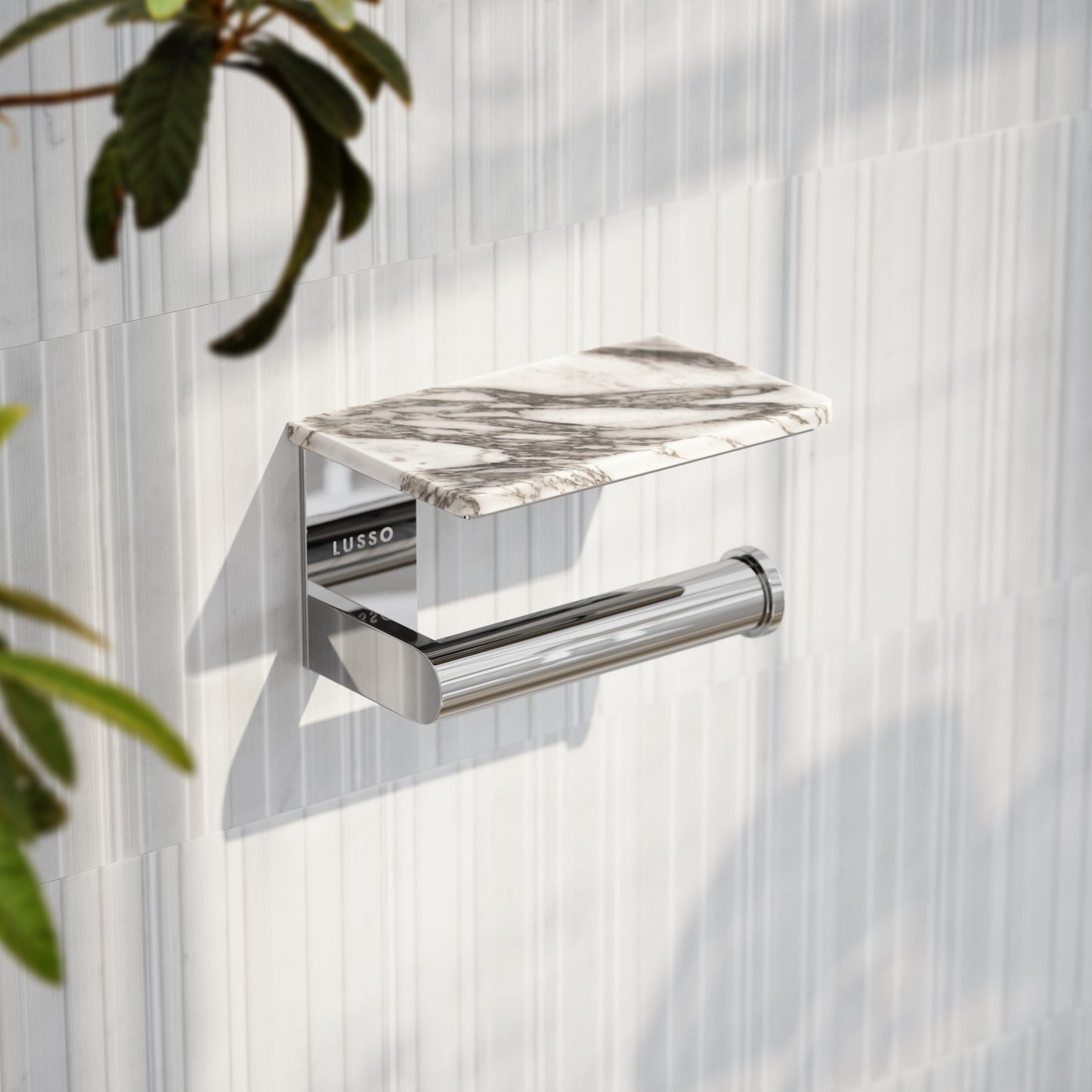 Deka Chrome Toilet Roll Holder with Arabescato Marble Shelf