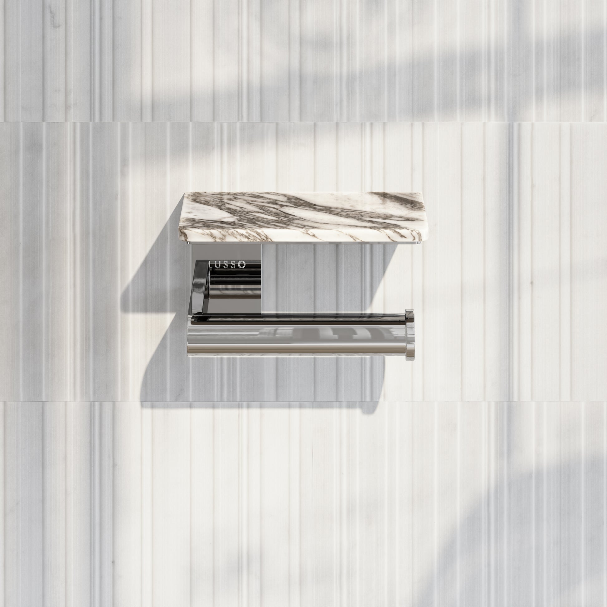 Deka Chrome Toilet Roll Holder with Arabescato Marble Shelf