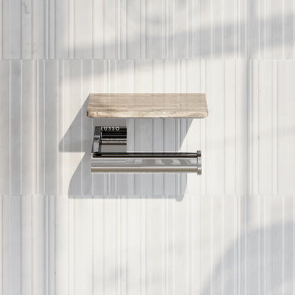 Deka Chrome Toilet Roll Holder with Travertine Stone Shelf