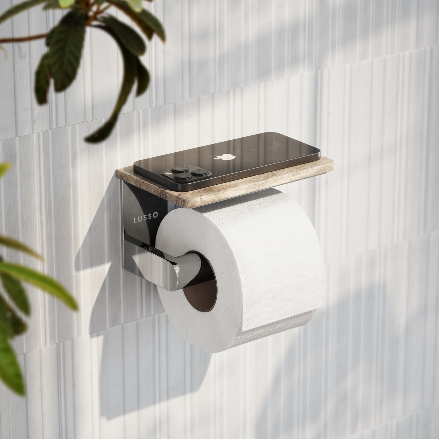 Deka Chrome Toilet Roll Holder with Travertine Stone Shelf