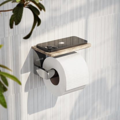 Deka Chrome Toilet Roll Holder with Travertine Stone Shelf
