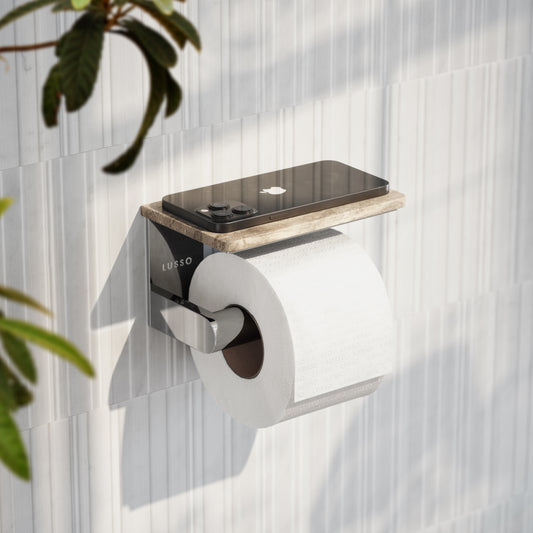 Deka Chrome Toilet Roll Holder with Travertine Stone Shelf