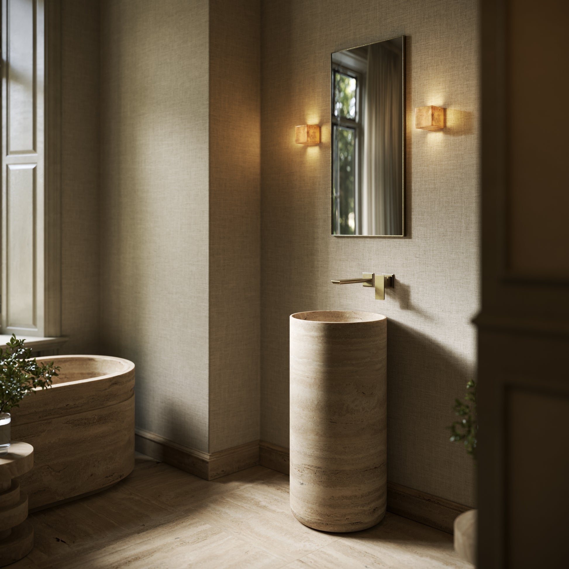 Designo Travertine Stone Pedestal Basin 400mm