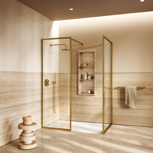 Designo Complete Walk In Shower Enclosure Brushed Gold - KIT B (ALL SIZES)