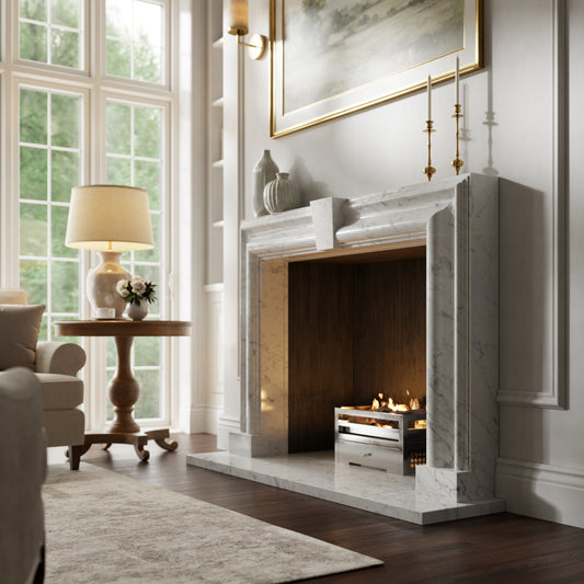 Chalis Carrara Honed Marble Fireplace 1500mm