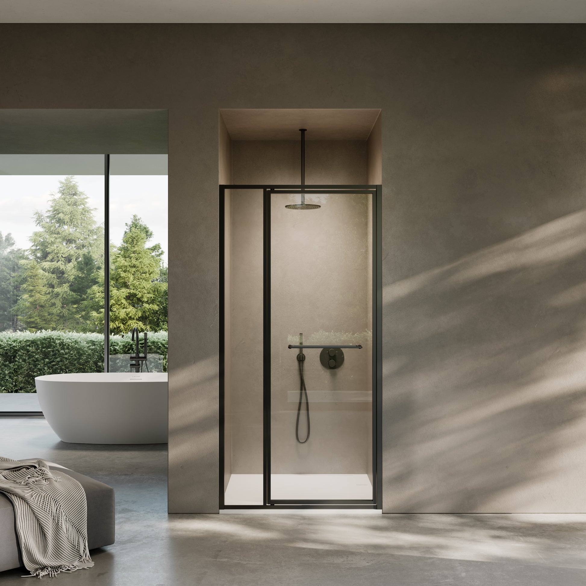 Nouveau Matte Black Hinged Shower Door & Screen - All Sizes