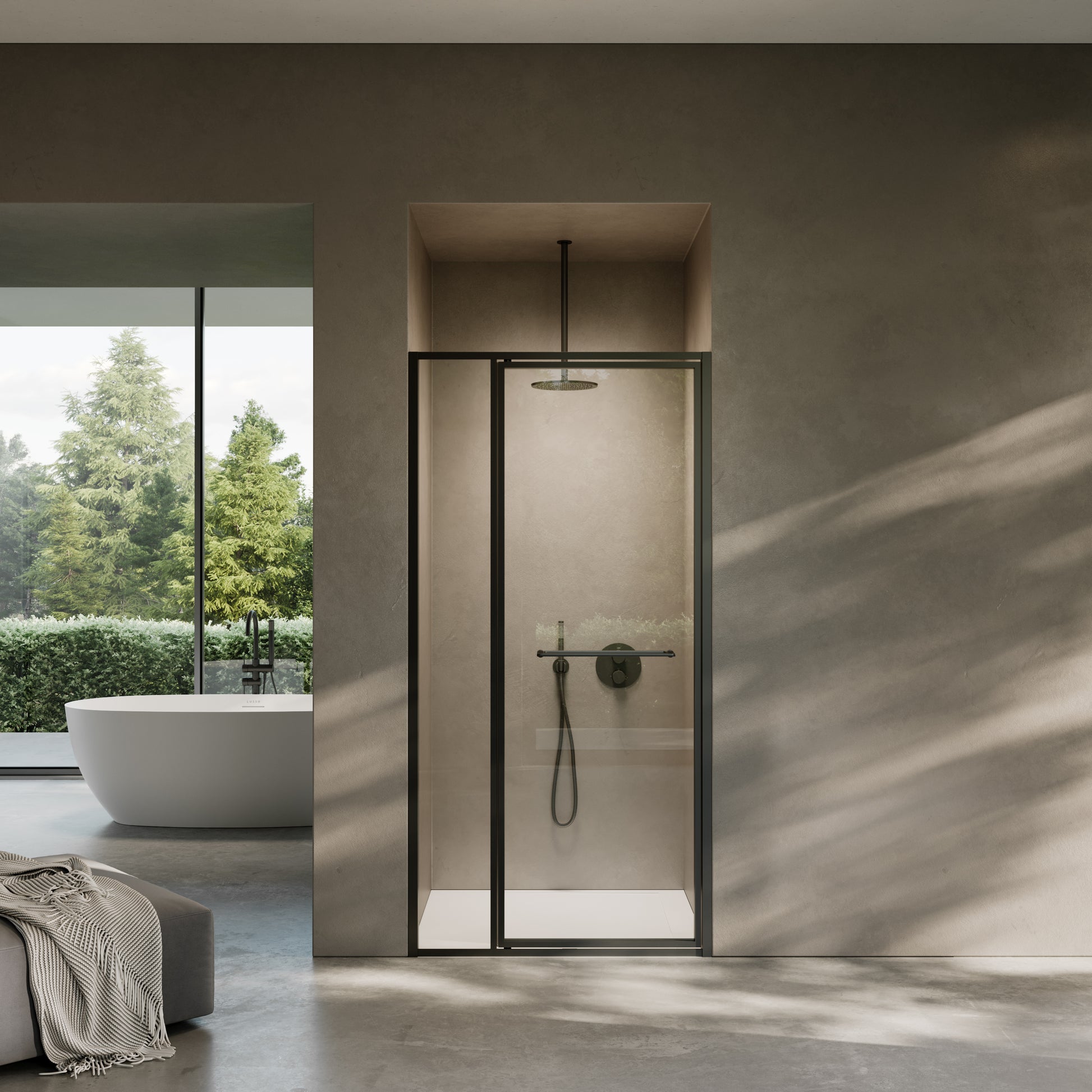Nouveau Matte Black Hinged Shower Door & Screen - All Sizes