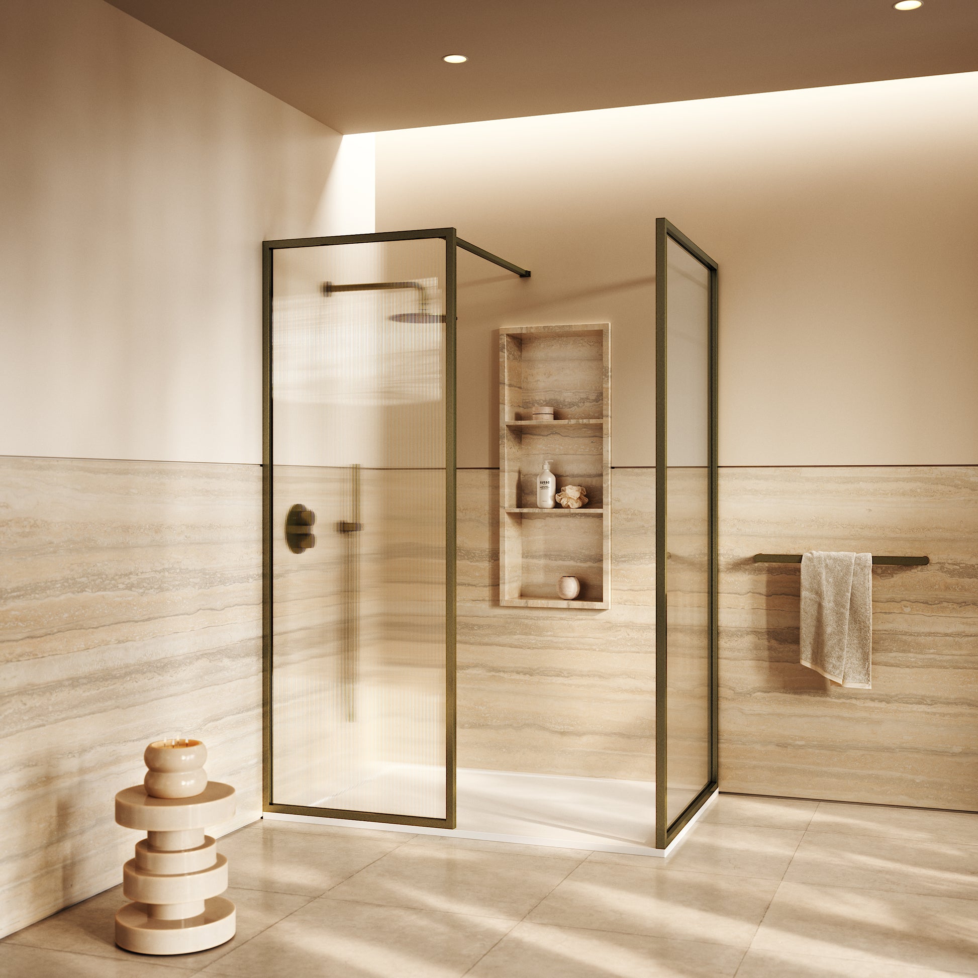 Opulence Fluted Glass Complete Walk In Shower Enclosure Aged Bronze - Kit B