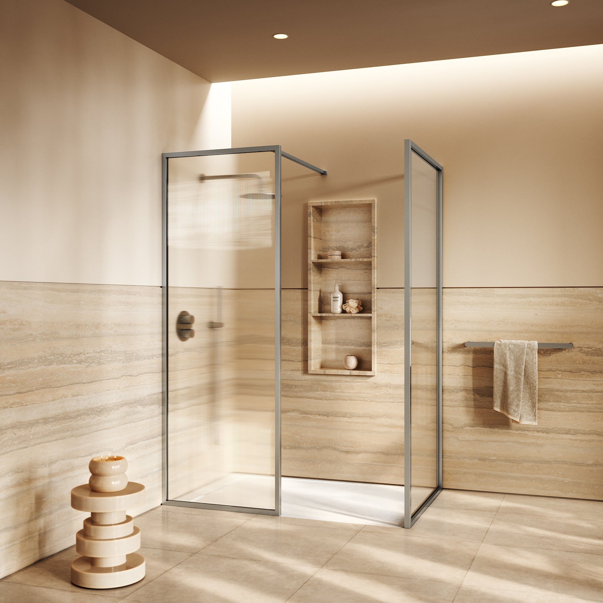 Opulence Fluted Glass Complete Walk In Shower Enclosure Brushed Stainless - Kit B