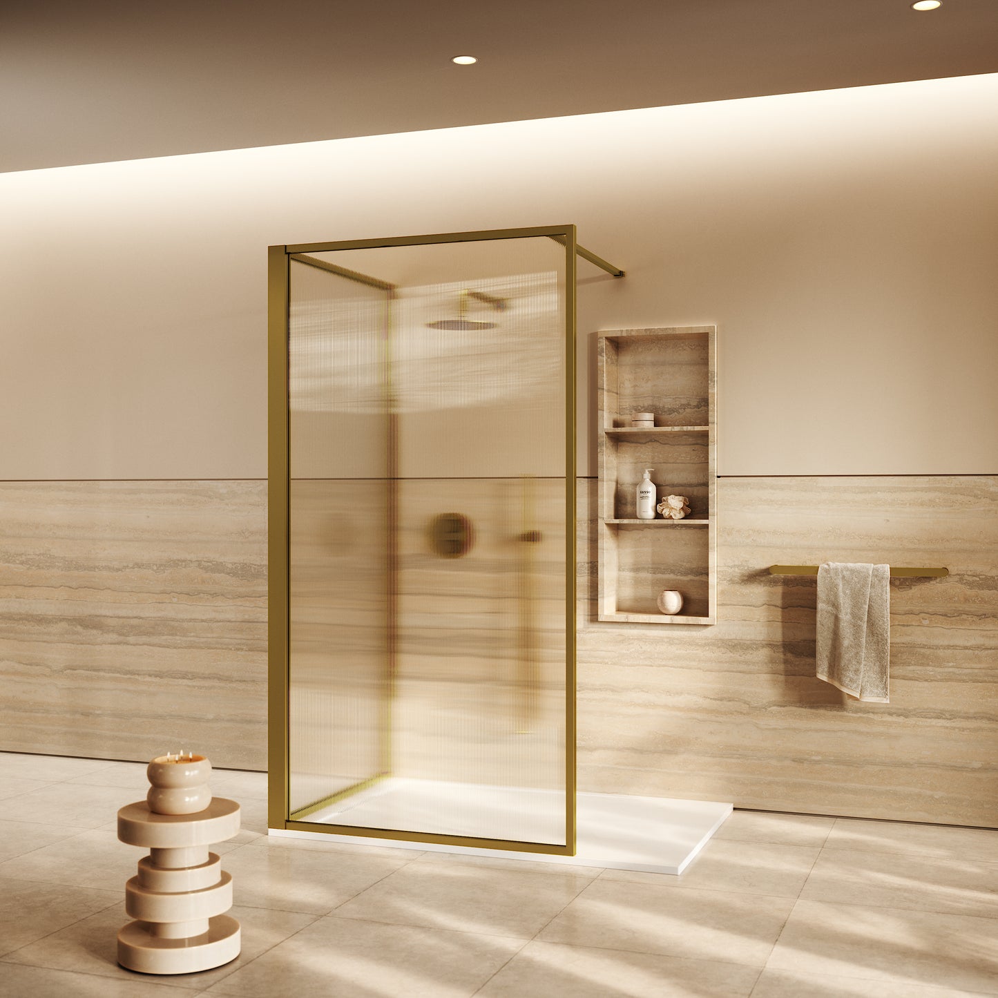 Opulence Reeded Glass Complete Walk In Shower Enclosure Brushed Gold - KIT C (ALL SIZES)