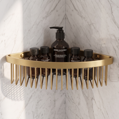 Luxe Brushed Gold Corner Shower Storage Basket