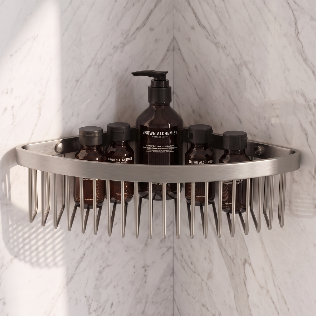 Luxe Brushed Stainless Corner Shower Storage Basket