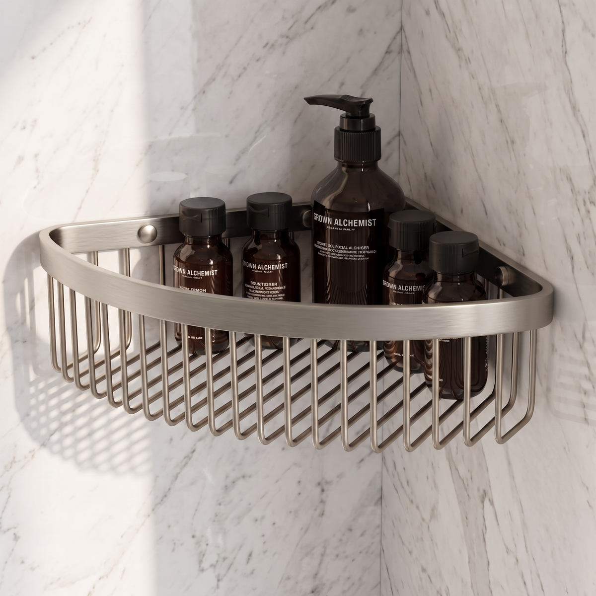 Luxe Brushed Stainless Corner Shower Storage Basket
