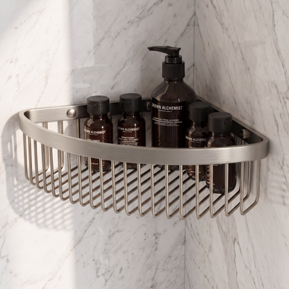 Luxe Brushed Stainless Corner Shower Storage Basket