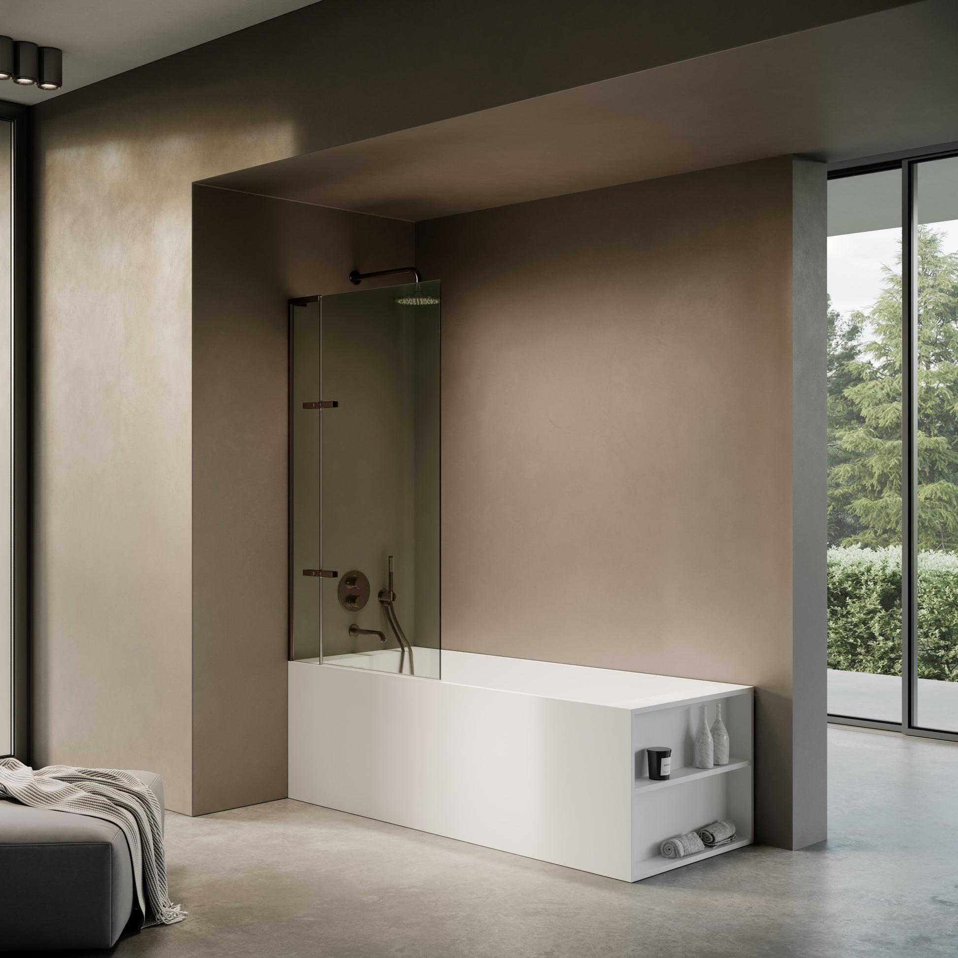 Doccia Deep Bronze Frameless Folding Bath Shower Screen 900mm