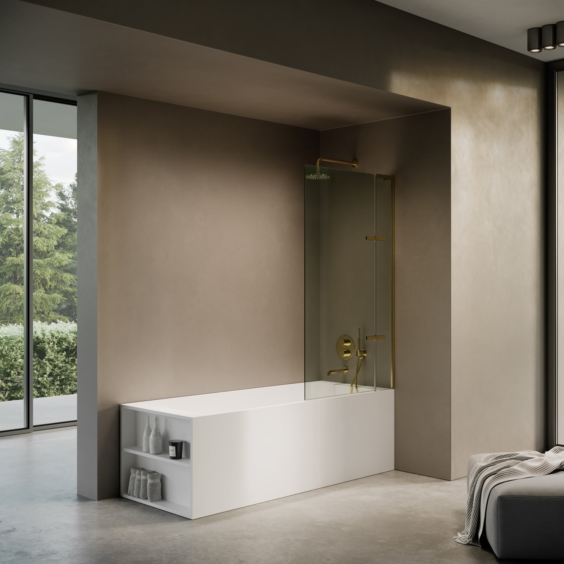 Doccia Polished Brass Frameless Folding Bath Shower Screen 900mm