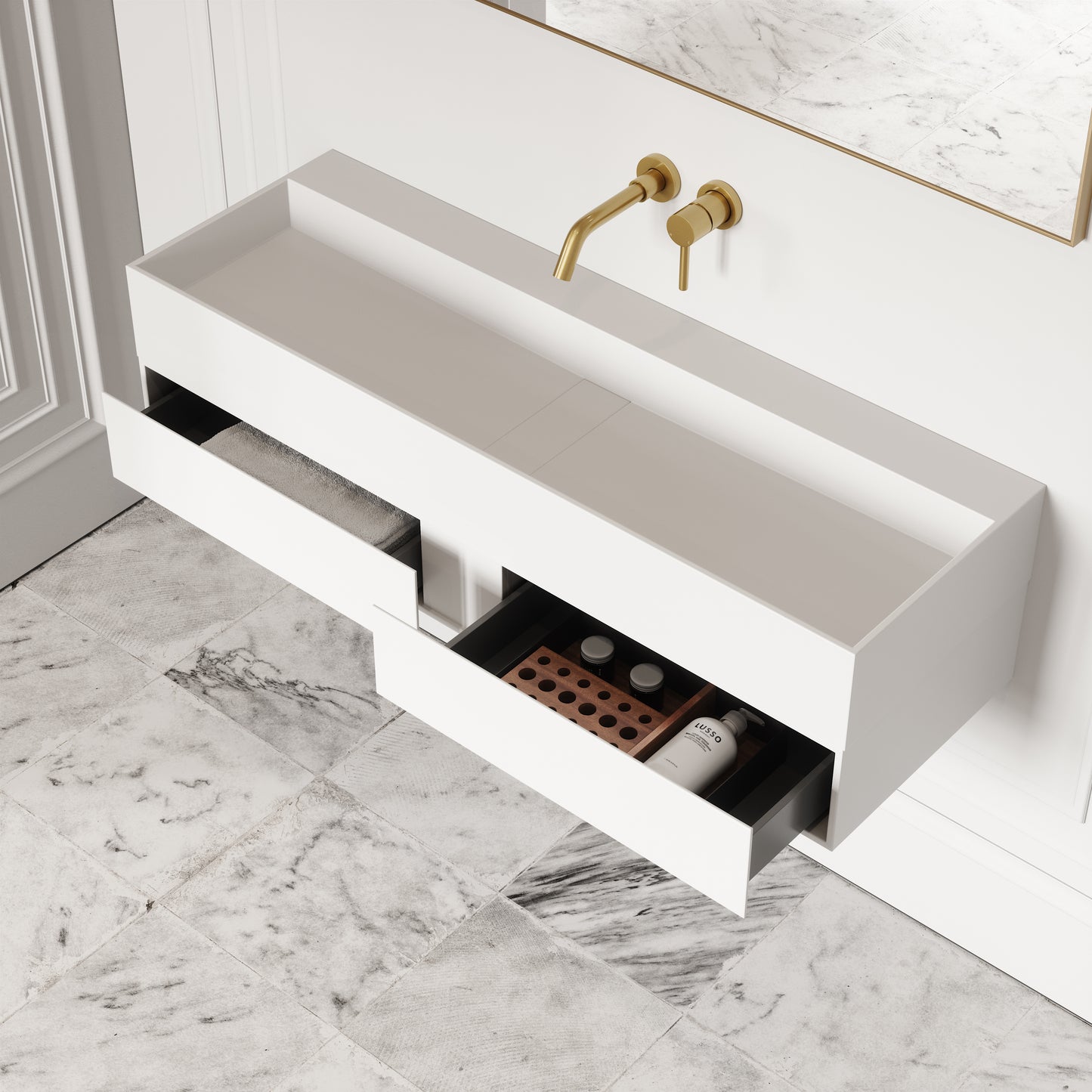 Thinn Matte White Double Vanity Unit with Stone Basin 1200mm