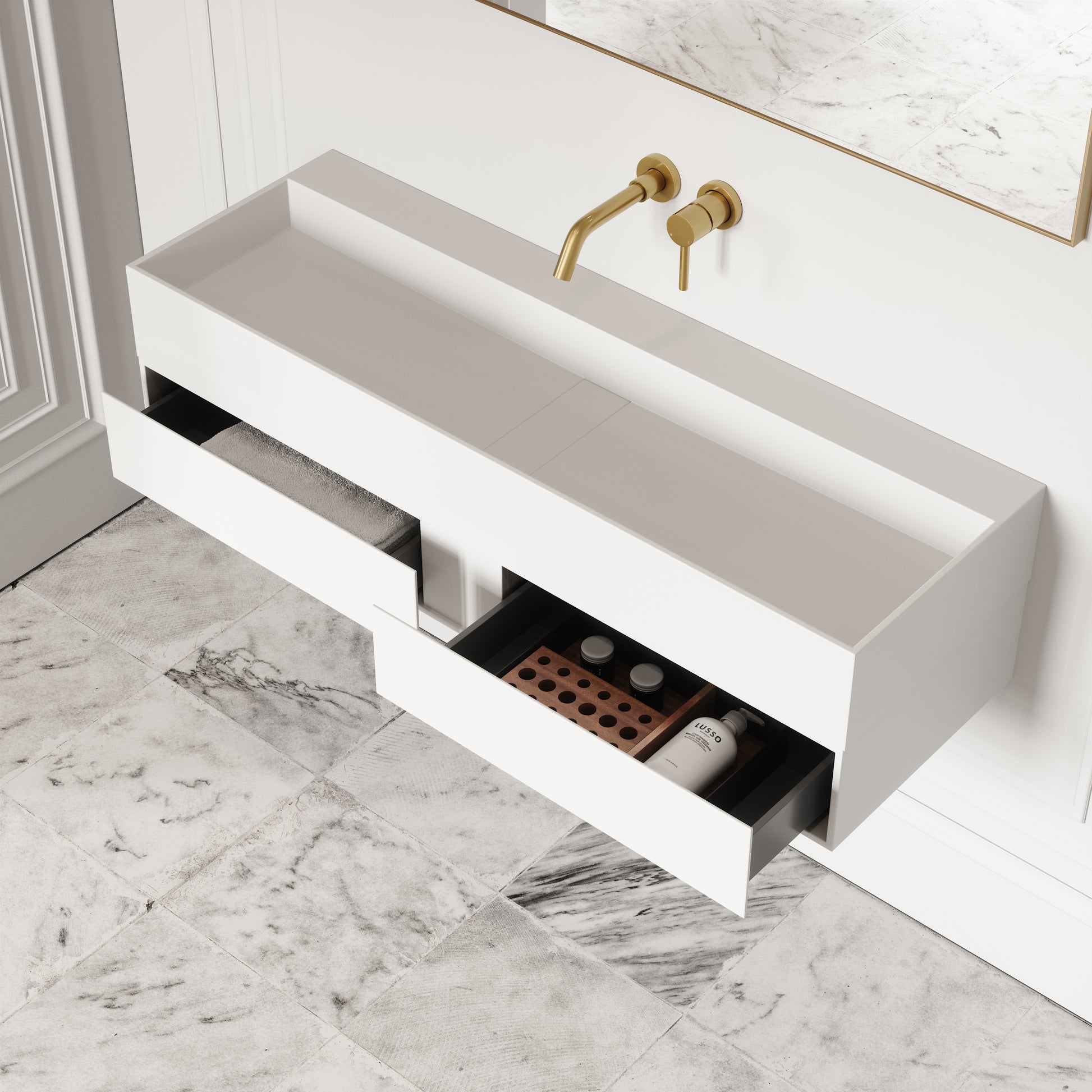 Thinn Matte White Double Vanity Unit with Stone Basin 1200mm