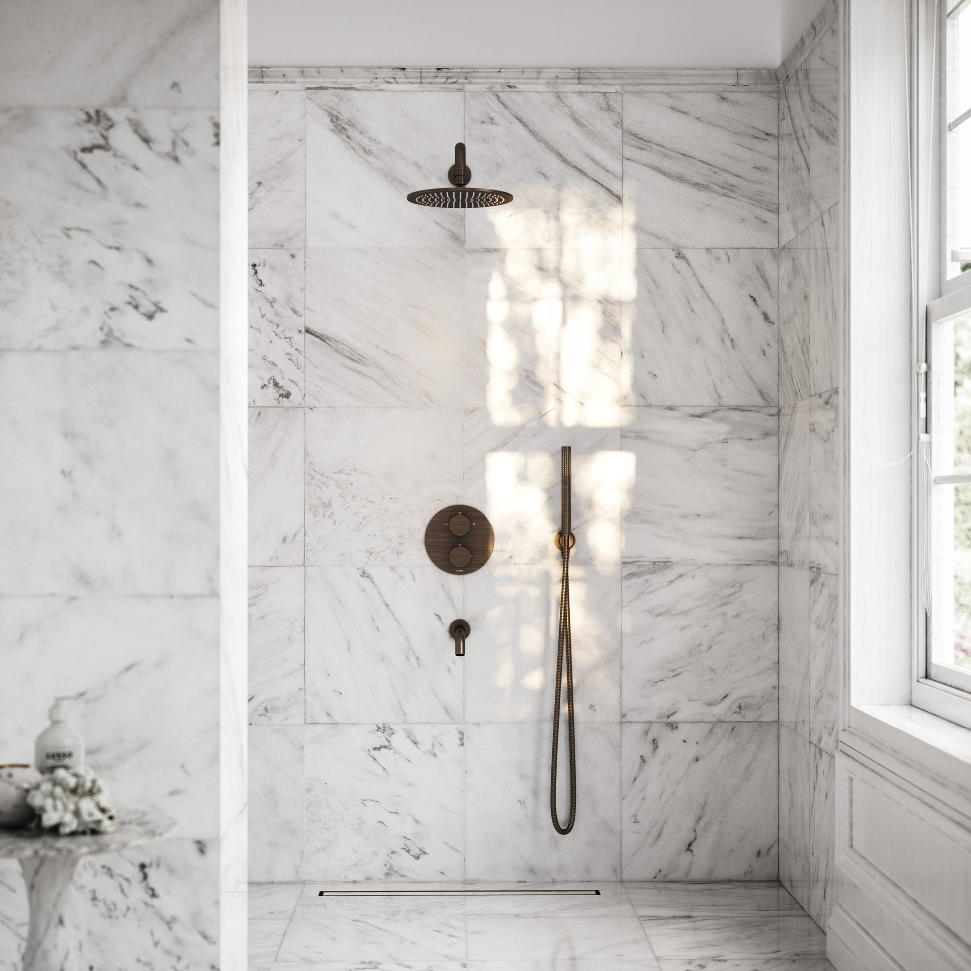 Luxe Brushed Bronze 3 Way Thermostatic Shower with Handheld Shower & Bath Spout