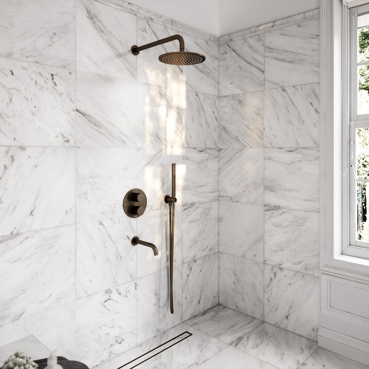 Luxe Brushed Bronze 3 Way Thermostatic Shower with Handheld Shower & Bath Spout