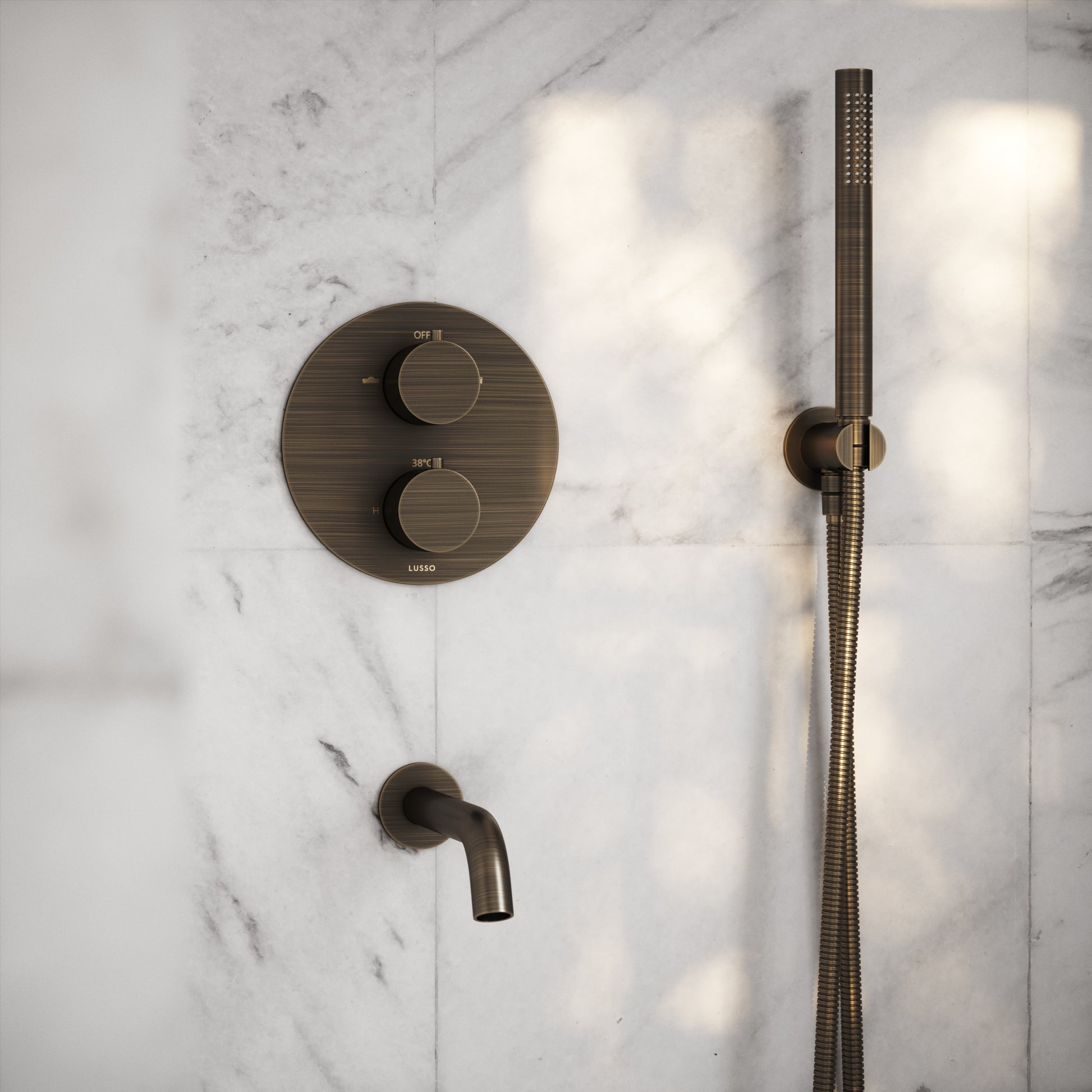Luxe Brushed Bronze 3 Way Thermostatic Shower with Handheld Shower & Bath Spout