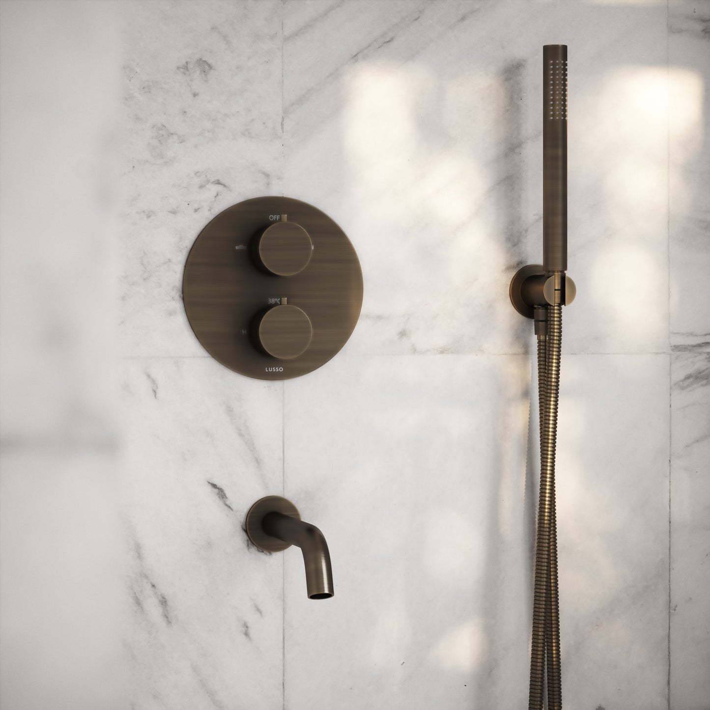Luxe Brushed Bronze 3 Way Thermostatic Shower with Handheld Shower & Bath Spout