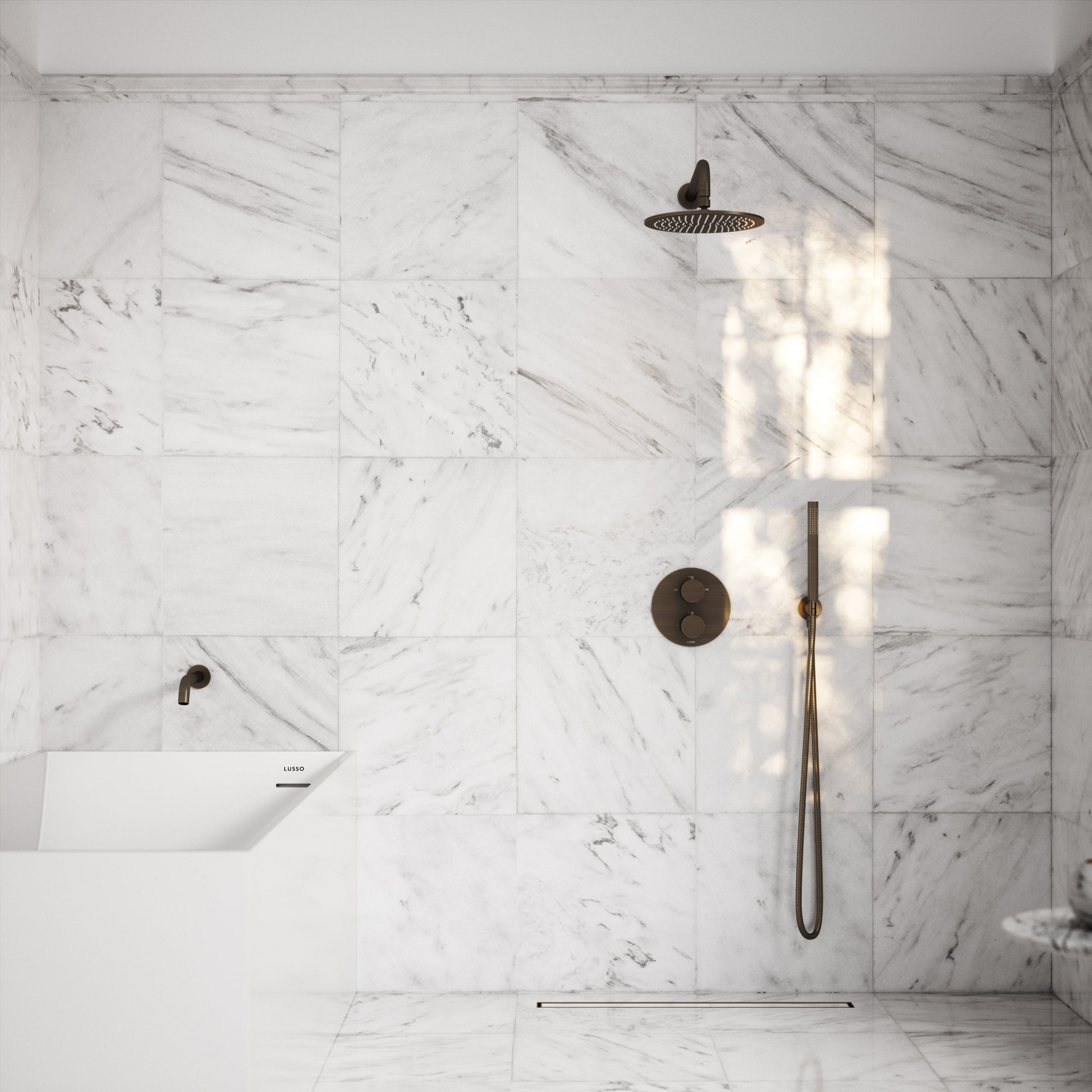 Luxe Brushed Bronze 3 Way Thermostatic Shower with Handheld Shower & Bath Spout