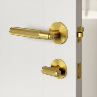 Luxe Knurled Brushed Gold Bathroom WC Door Handle Latch and Hinge Bundle