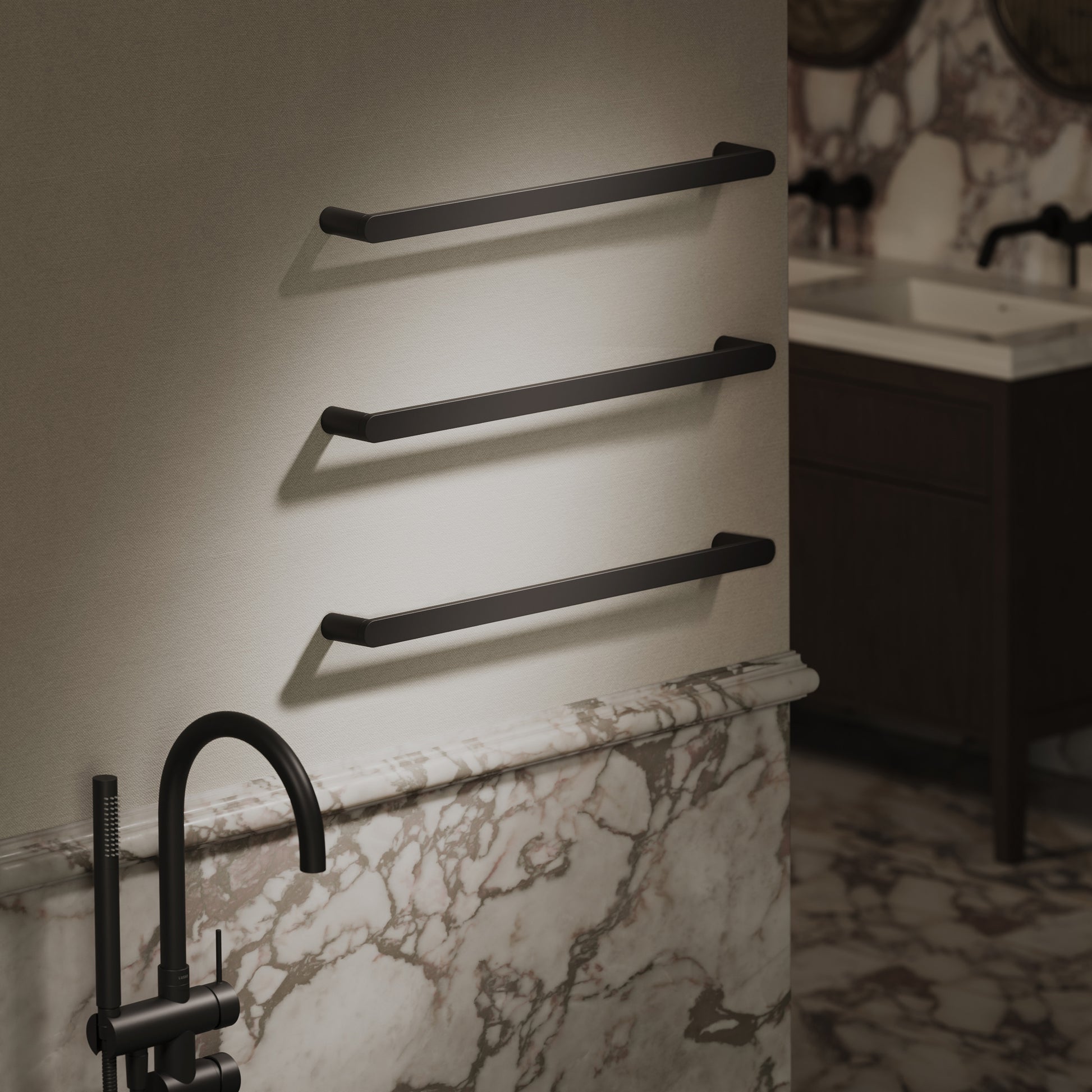 Luxe Matte Black 3 Bar Towel Rail 600mm