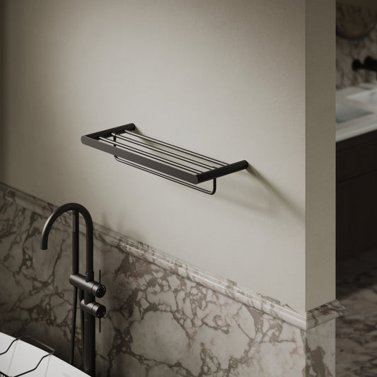 Luxe Matte Black Towel Shelf With Rail 600mm