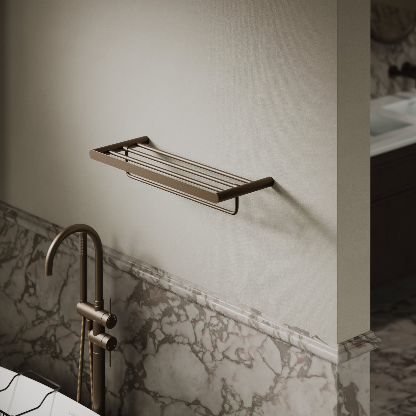 Luxe Brushed Bronze Towel Shelf With Rail 600mm