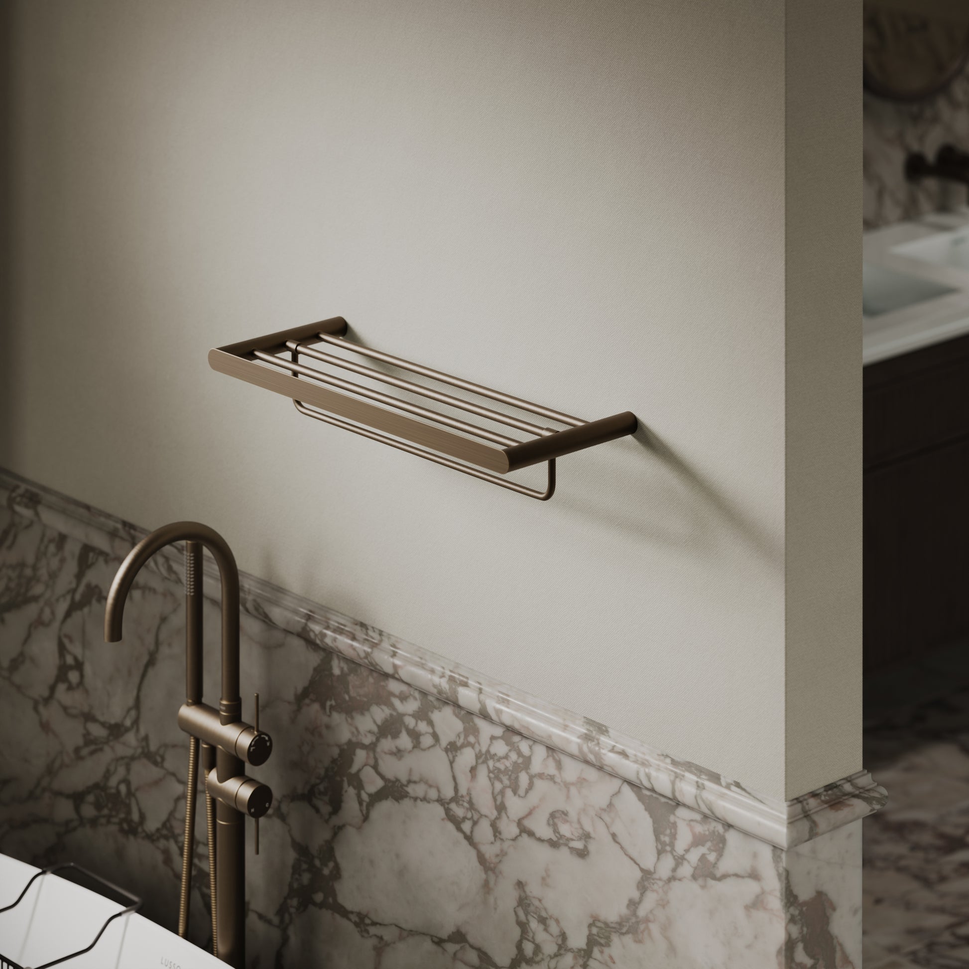 Luxe Brushed Bronze Towel Shelf With Rail 600mm