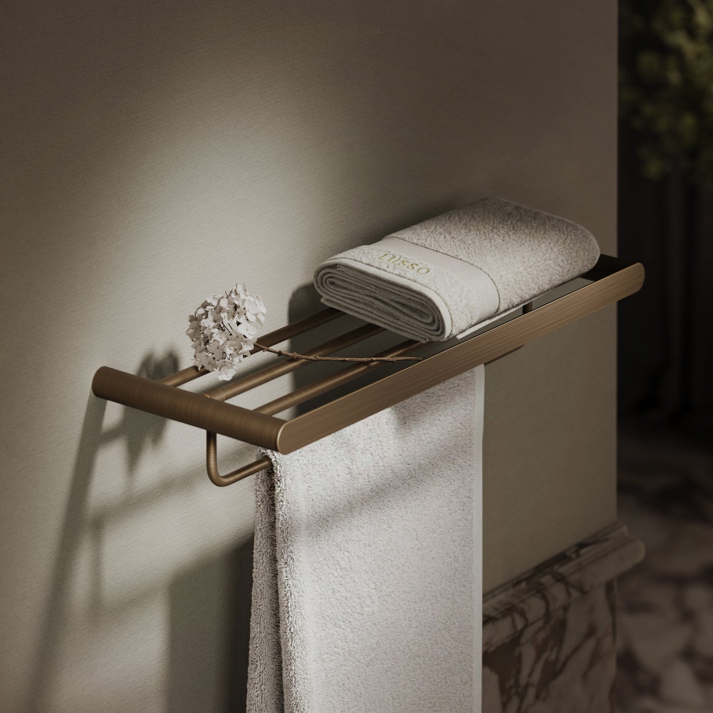 Luxe Brushed Bronze Towel Shelf With Rail 600mm