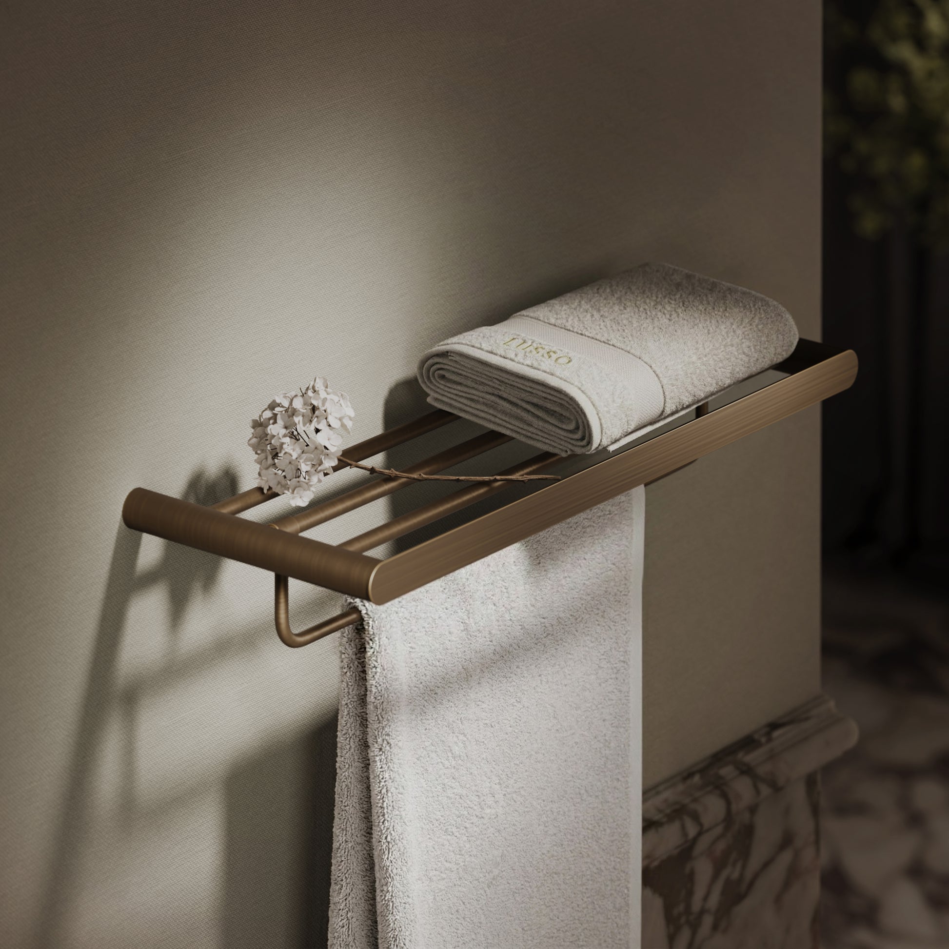 Luxe Brushed Bronze Towel Shelf With Rail 600mm