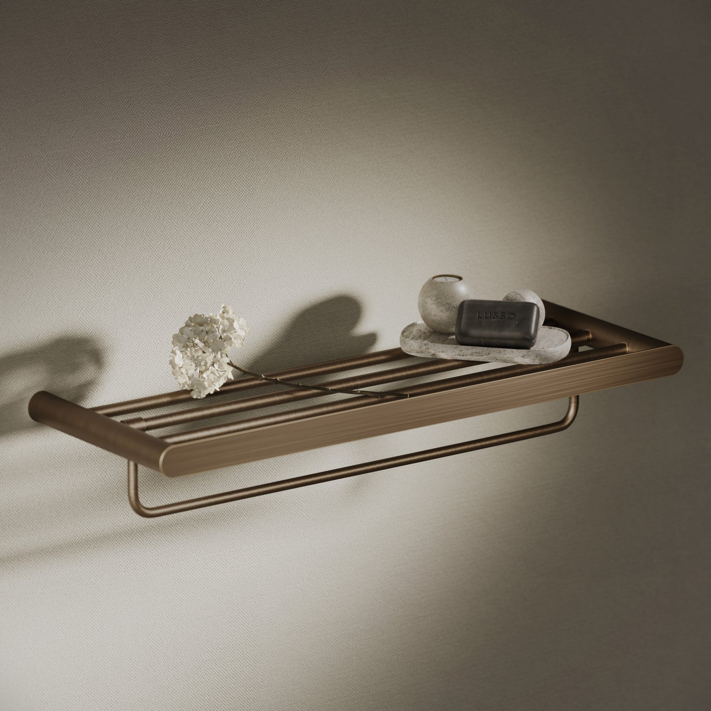Luxe Brushed Bronze Towel Shelf With Rail 600mm
