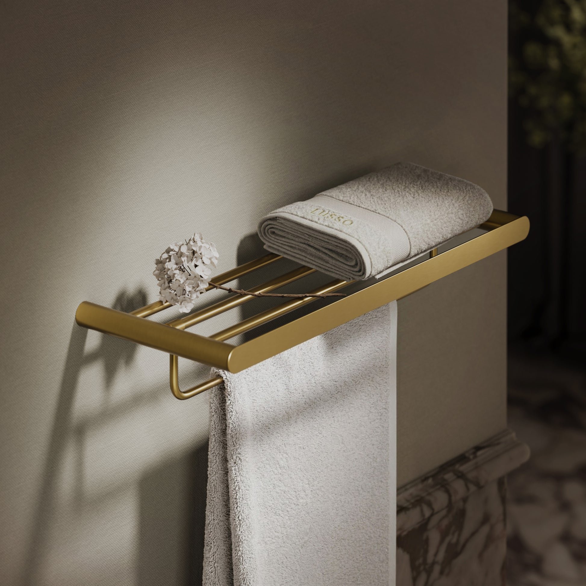 Luxe Brushed Gold Towel Shelf With Rail 600mm