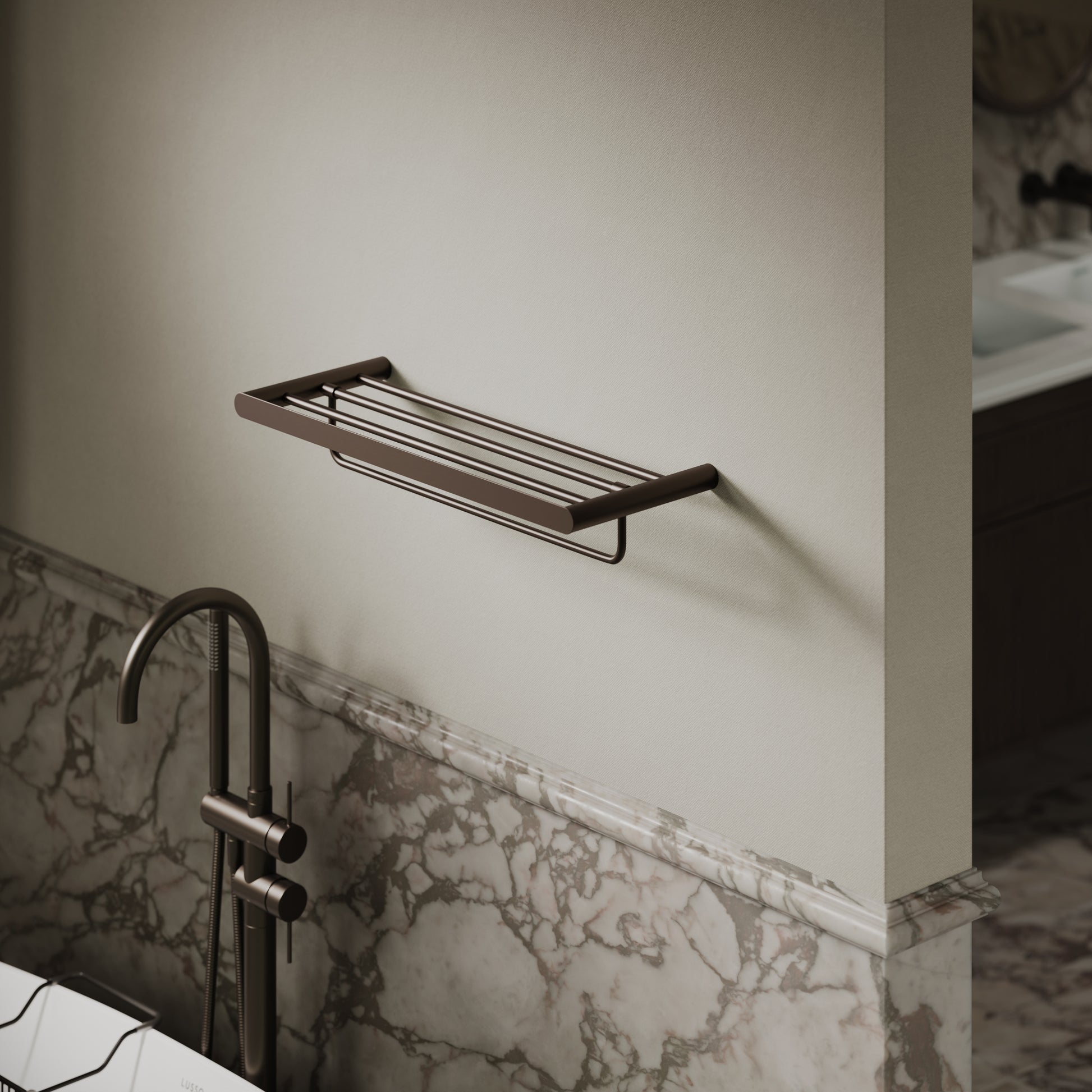 Luxe Deep Bronze Towel Shelf With Rail 600mm