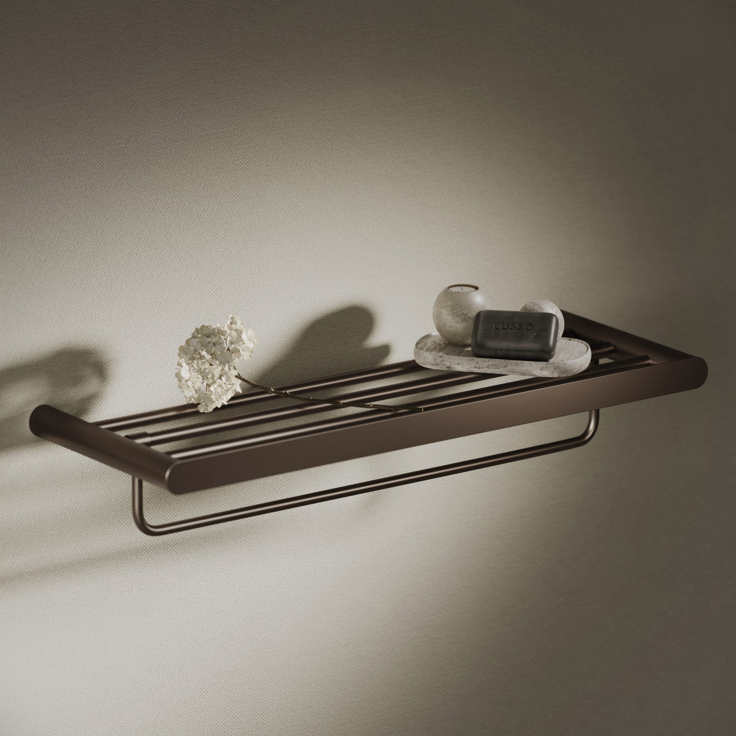 Luxe Deep Bronze Towel Shelf With Rail 600mm
