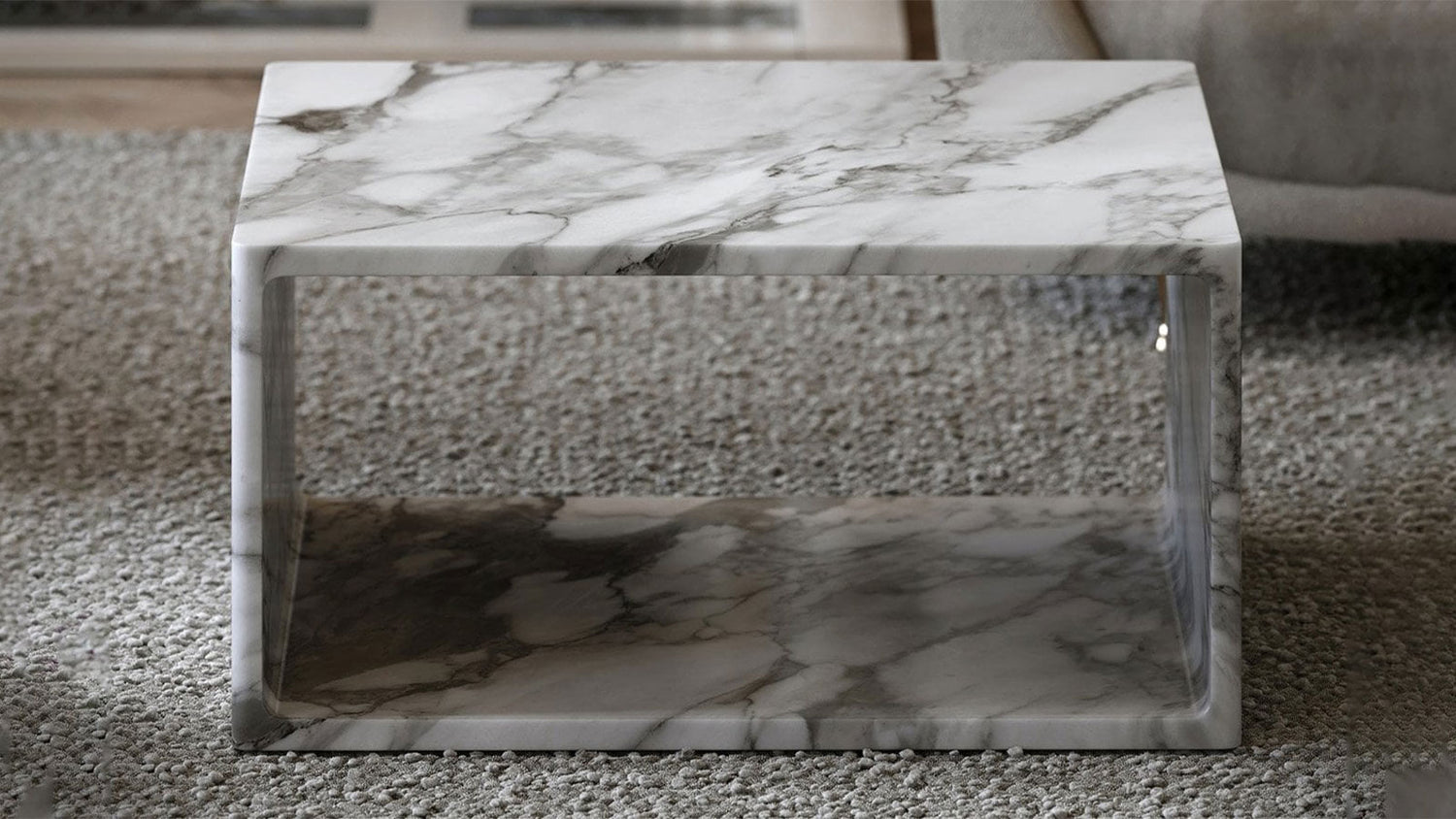 Marble-patterned coffee table in a living room setting